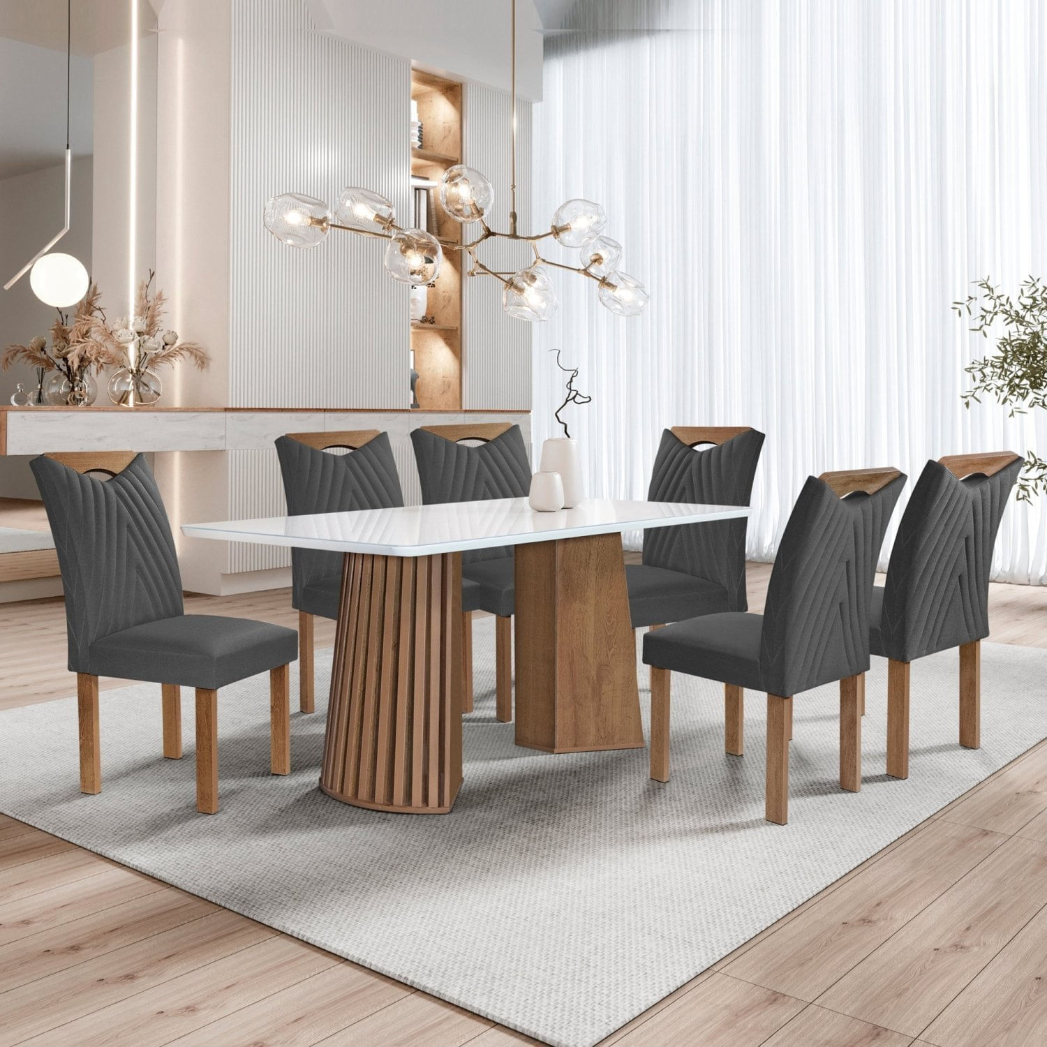 Conjunto Mesa Stella Ripada 170cm Com 6 Cadeiras Stella Tampo Smart Plus Com Vidro Chocolate/off White/boucle Cinza