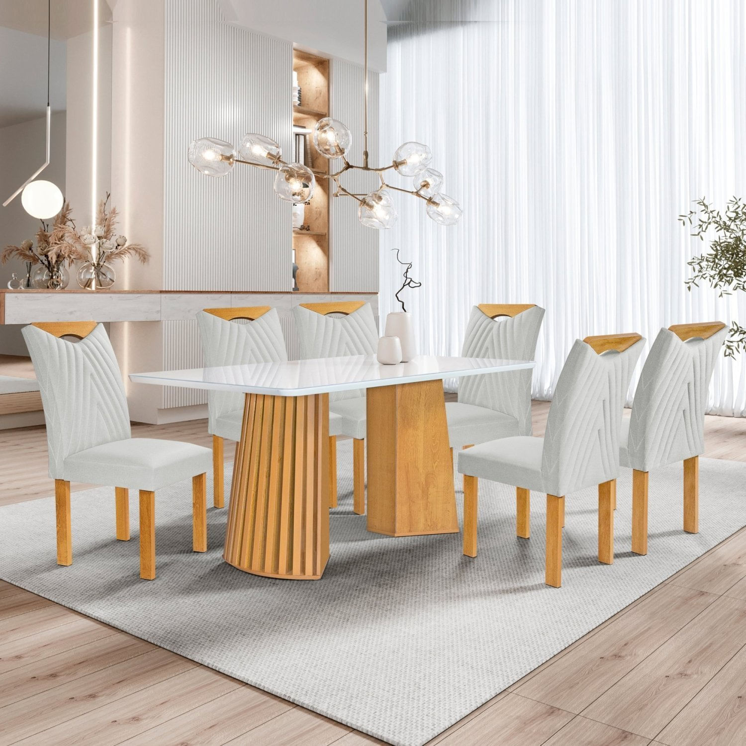 Conjunto Mesa Stella Ripada 170cm Com 6 Cadeiras Stella Tampo Smart Plus Com Vidro Cinamomo/off White/boucle Gelo