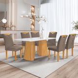 Conjunto Mesa Stella Ripada 170cm Com 6 Cadeiras Stella Tampo Smart Plus Com Vidro Cinamomo/off White/veludo Bege Escuro