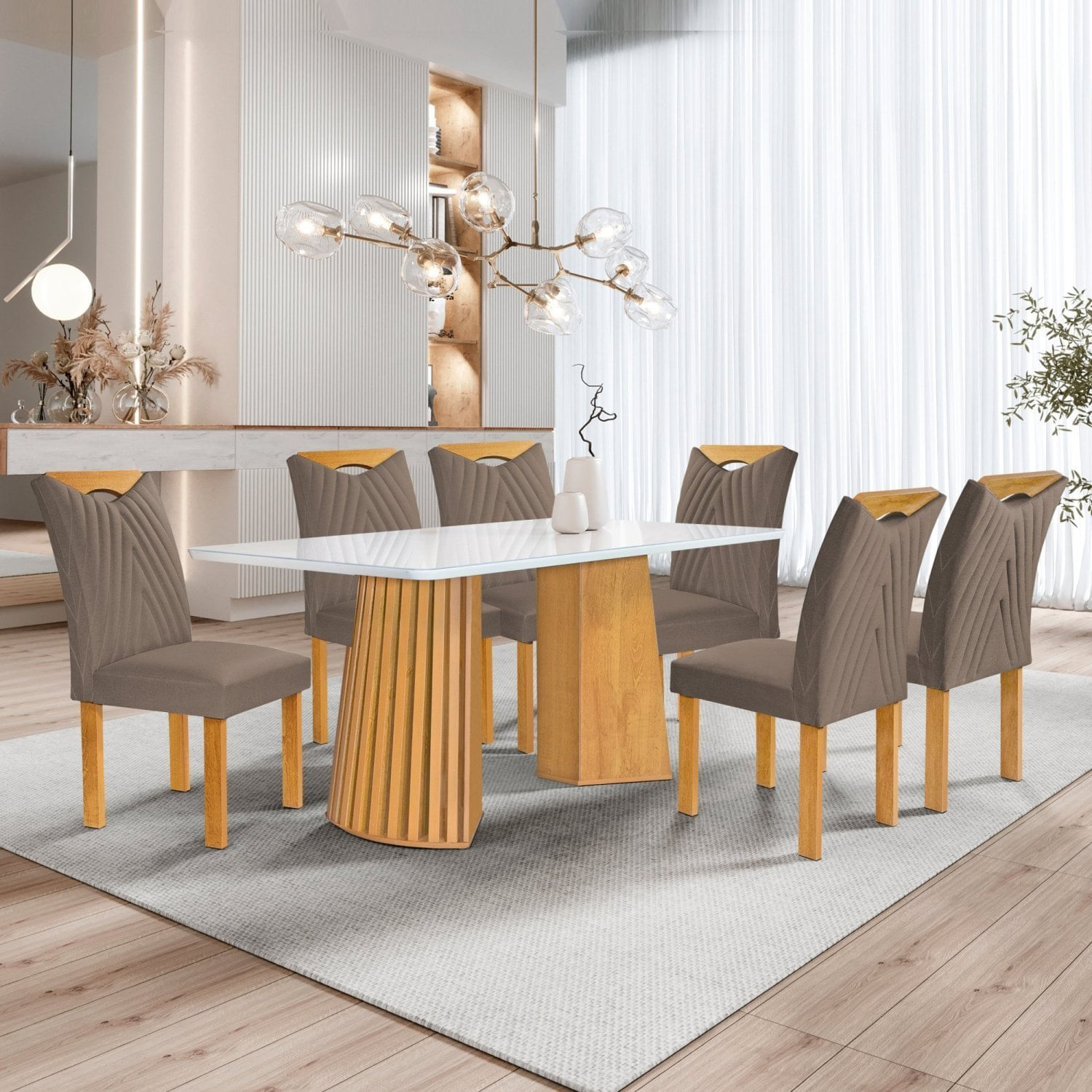 Conjunto Mesa Stella Ripada 170cm Com 6 Cadeiras Stella Tampo Smart Plus Com Vidro Cinamomo/off White/veludo Bege Escuro