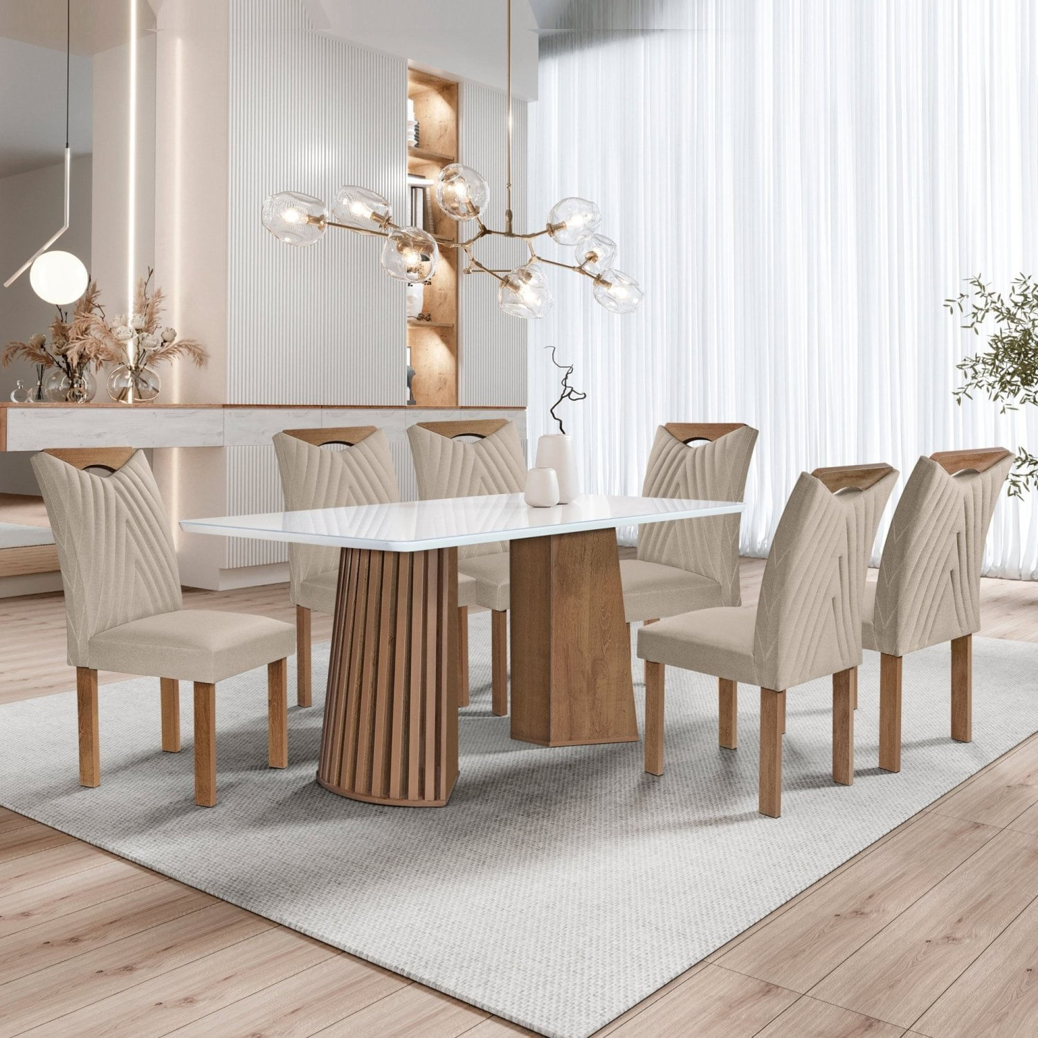 Conjunto Mesa Stella Ripada 170cm Com 6 Cadeiras Stella Tampo Smart Plus Com Vidro Chocolate/off White/boucle Bege