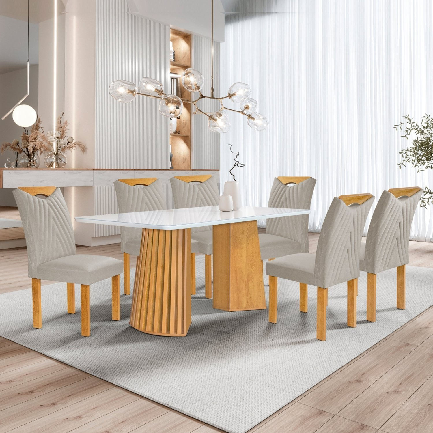 Conjunto Mesa Stella Ripada 170cm Com 6 Cadeiras Stella Tampo Smart Plus Com Vidro Cinamomo/off White/veludo Bege Claro