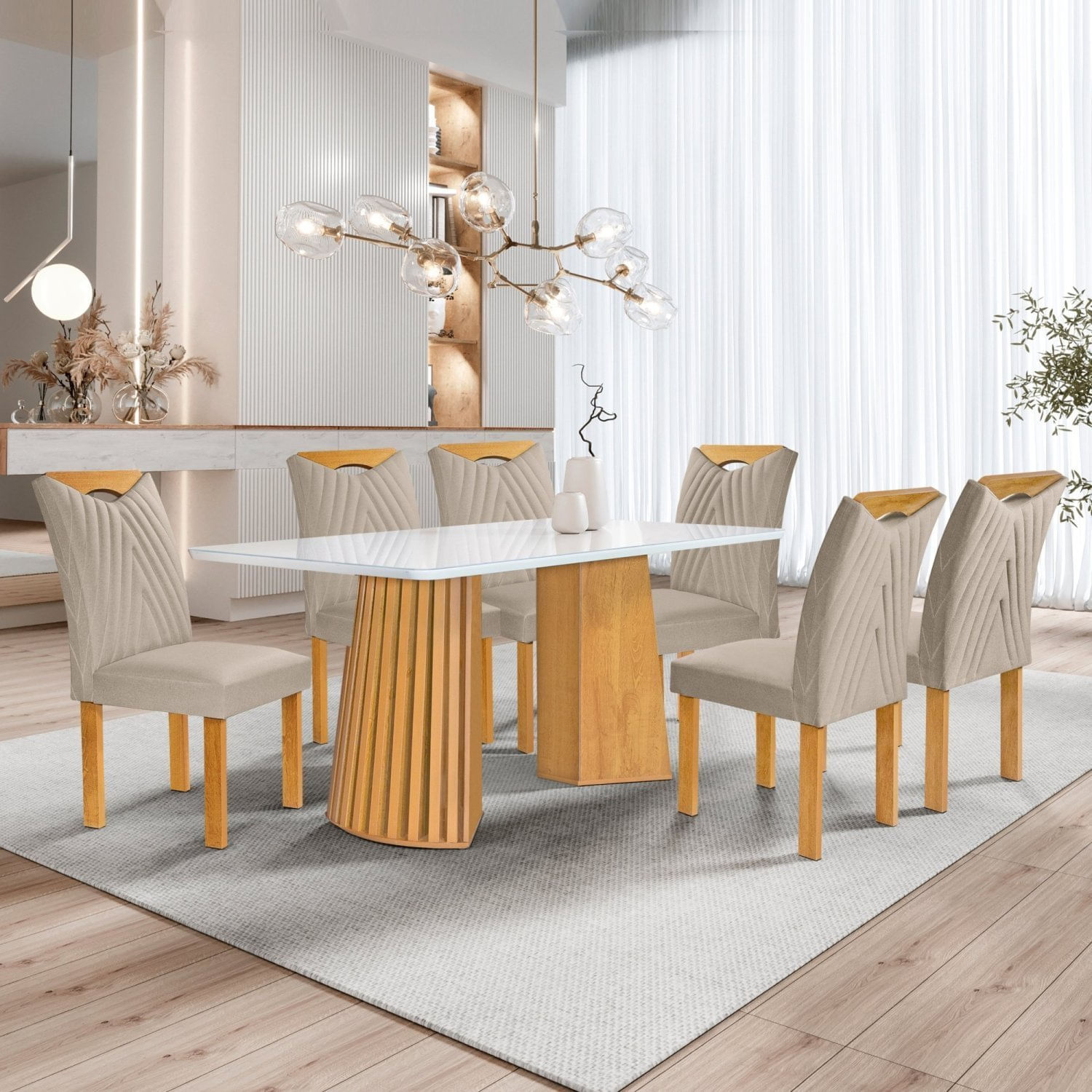 Conjunto Mesa Stella Ripada 170cm Com 6 Cadeiras Stella Tampo Smart Plus Com Vidro Cinamomo/off White/boucle Bege