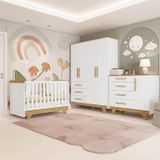 Quarto De Bebê Completo Com Cômoda Berço E Guarda Roupa 100% Mdf Retrô Kakau Espresso Móveis Branco Brilho/amêndoa