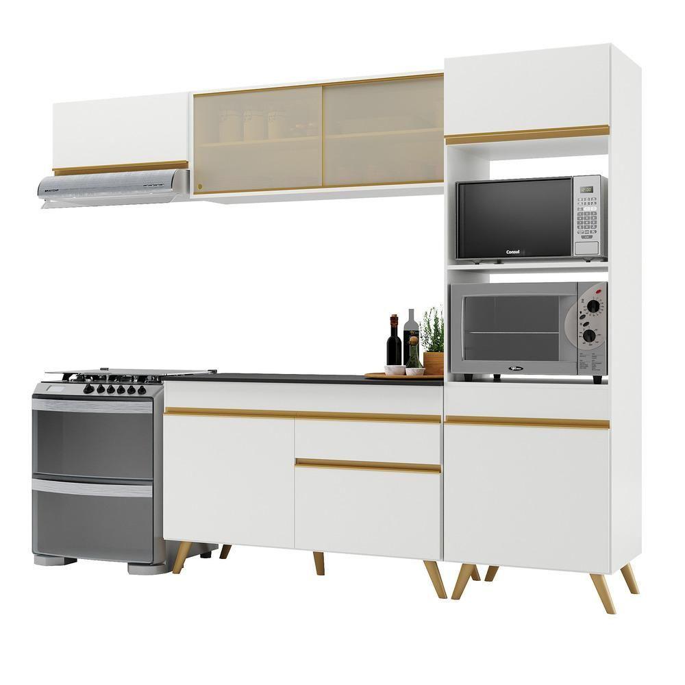 Armário De Cozinha Compacta 252cm Veneza Multimóveis V3691 Branco/dourado Branco/dourado