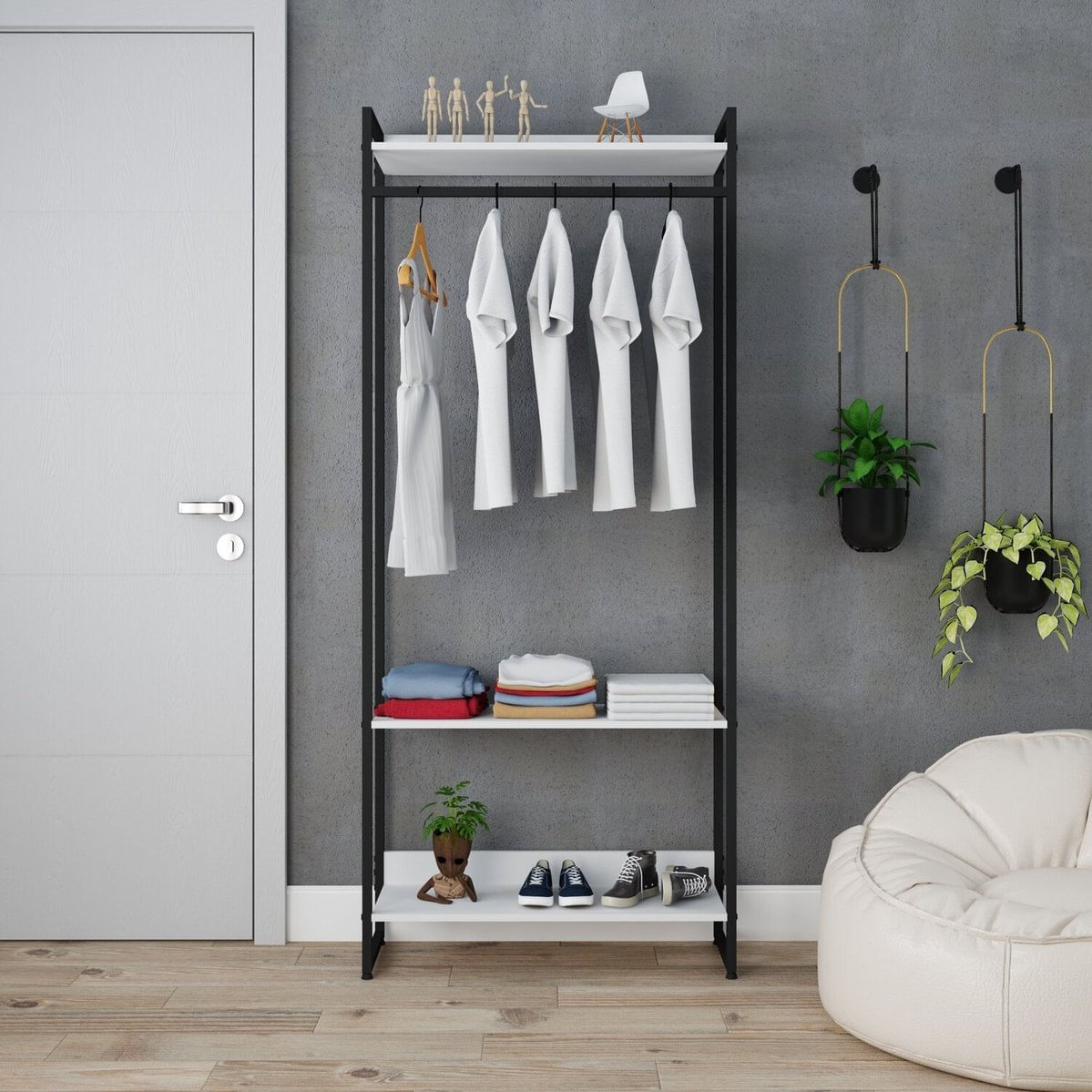 Estante Closet Arara Industrial 3 Prateleiras 187x80cm Dynamica Yescasa Branco Chess/preto