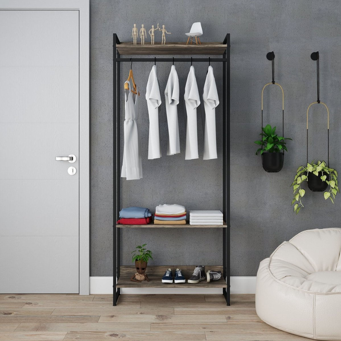 Estante Closet Arara Industrial 3 Prateleiras 187x80cm Dynamica Yescasa Carvalho Dark/preto