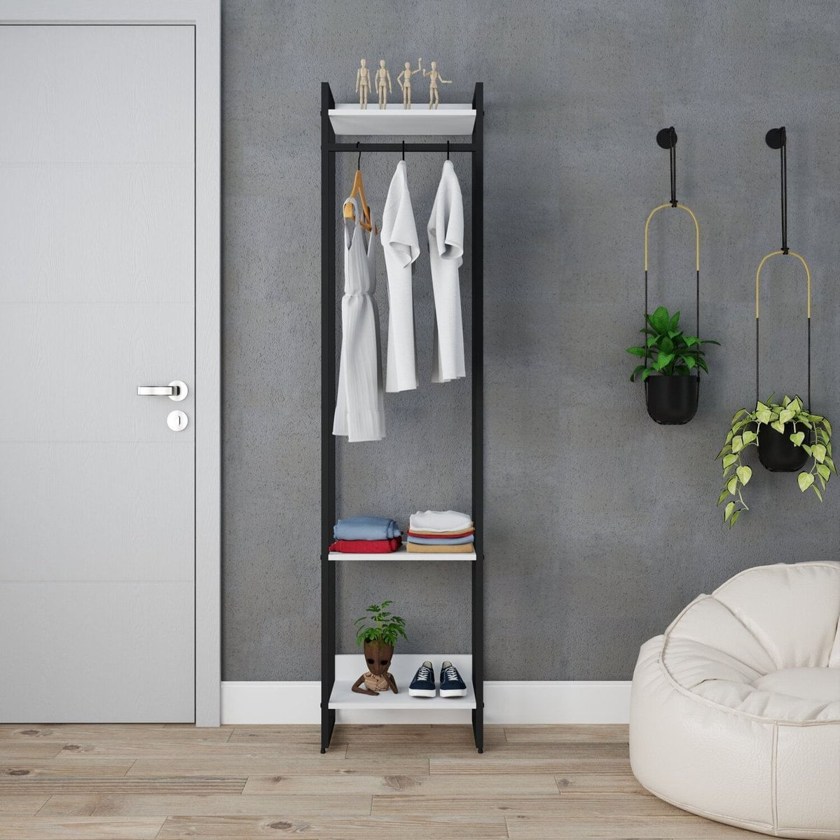 Estante Closet Arara Industrial 3 Prateleiras 187x45cm Dynamica Branco Chess / Est.preta