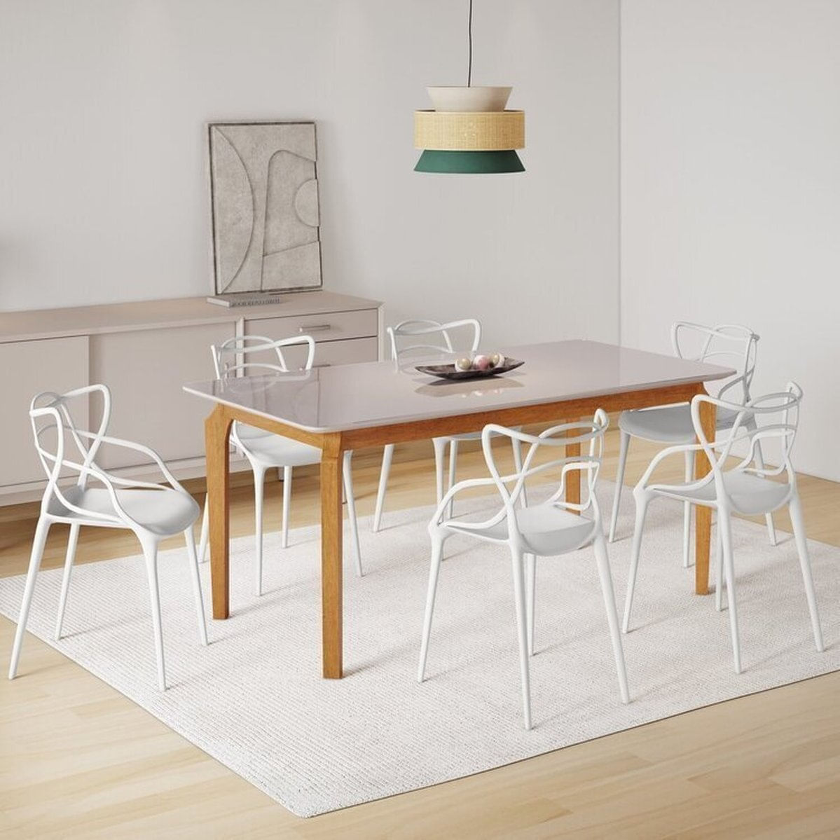 Conjunto Sala De Jantar Mesa Com Vidro Madeira Maciça Com 6 Cadeiras Allegra/berrini Espresso Móveis Branco/cinamomo