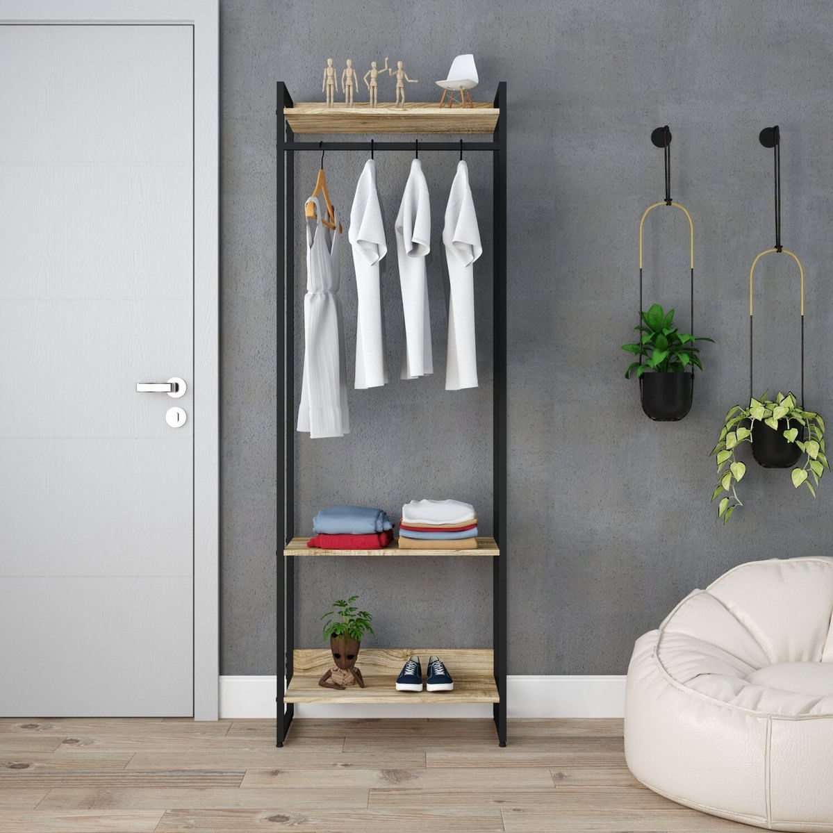 Estante Closet Arara Industrial 3 Prateleiras 187x60cm Dynamica Yescasa Carvalho/preto