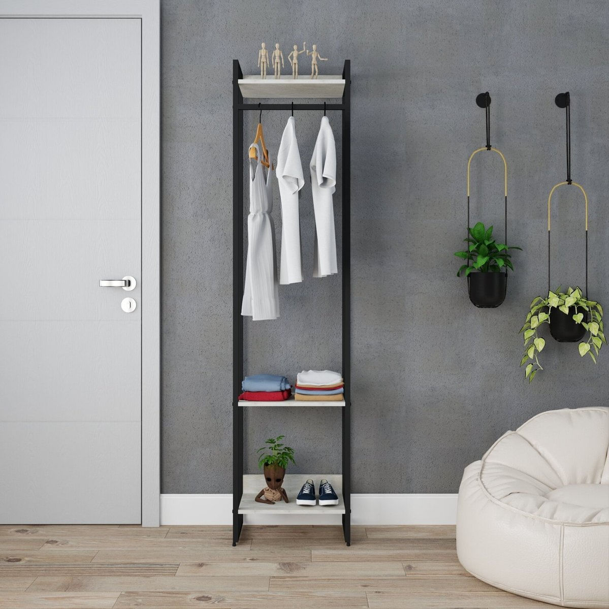 Estante Closet Arara Industrial 3 Prateleiras 187x45cm Dynamica Snow / Est.preta