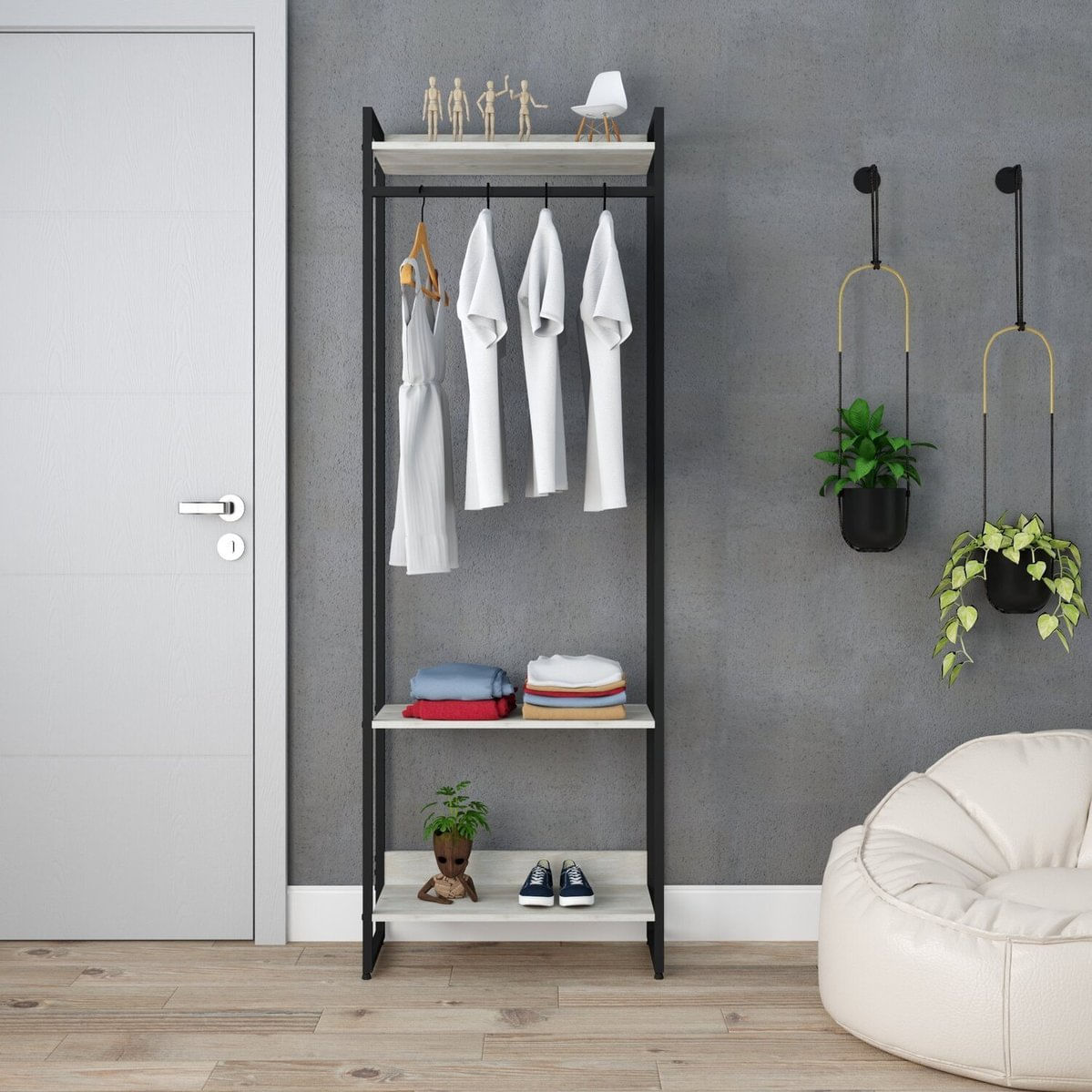 Estante Closet Arara Industrial 3 Prateleiras 187x60cm Dynamica Yescasa Snow/preto