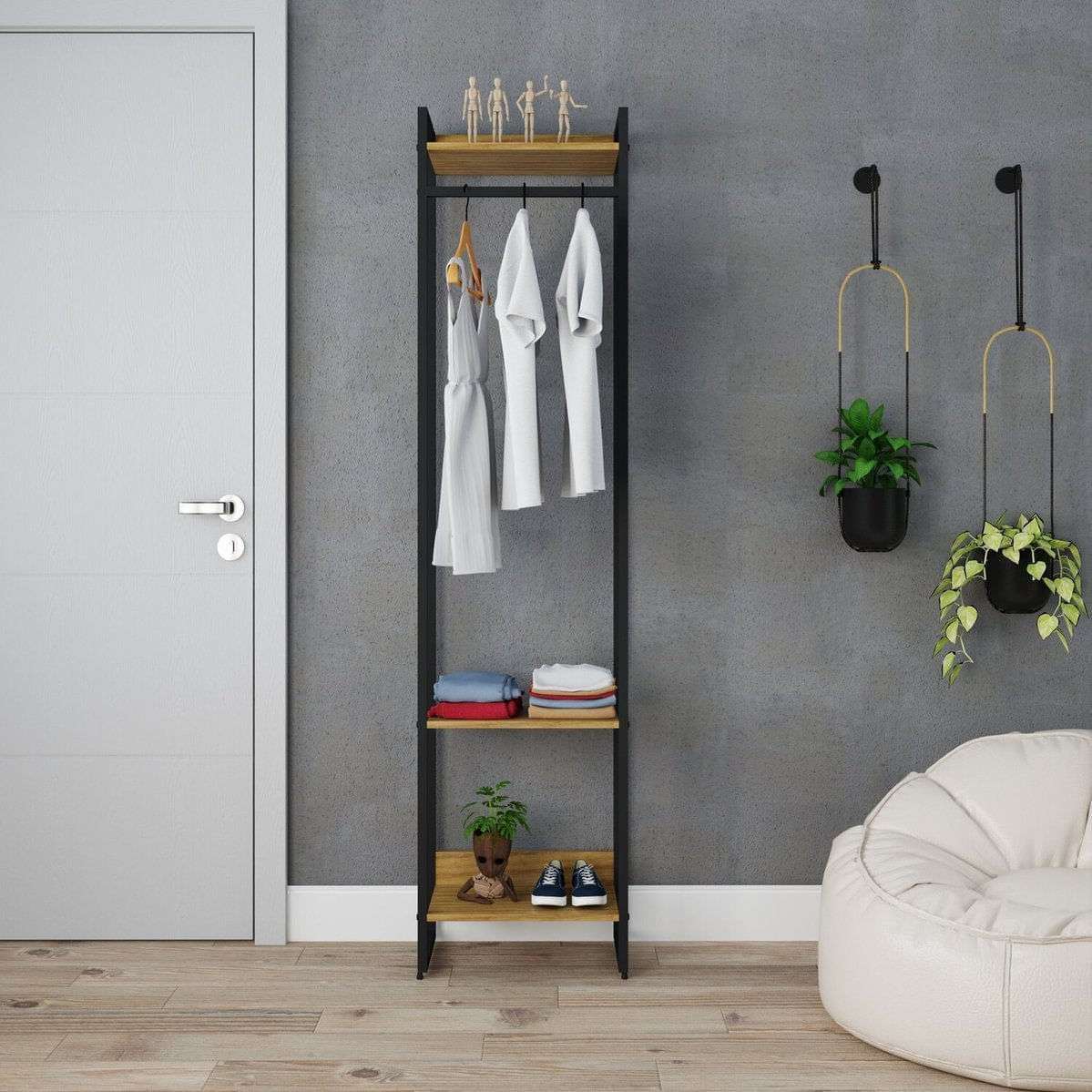 Estante Closet Arara Industrial 3 Prateleiras 187x45cm Dynamica Lâmina Mel / Est.preta