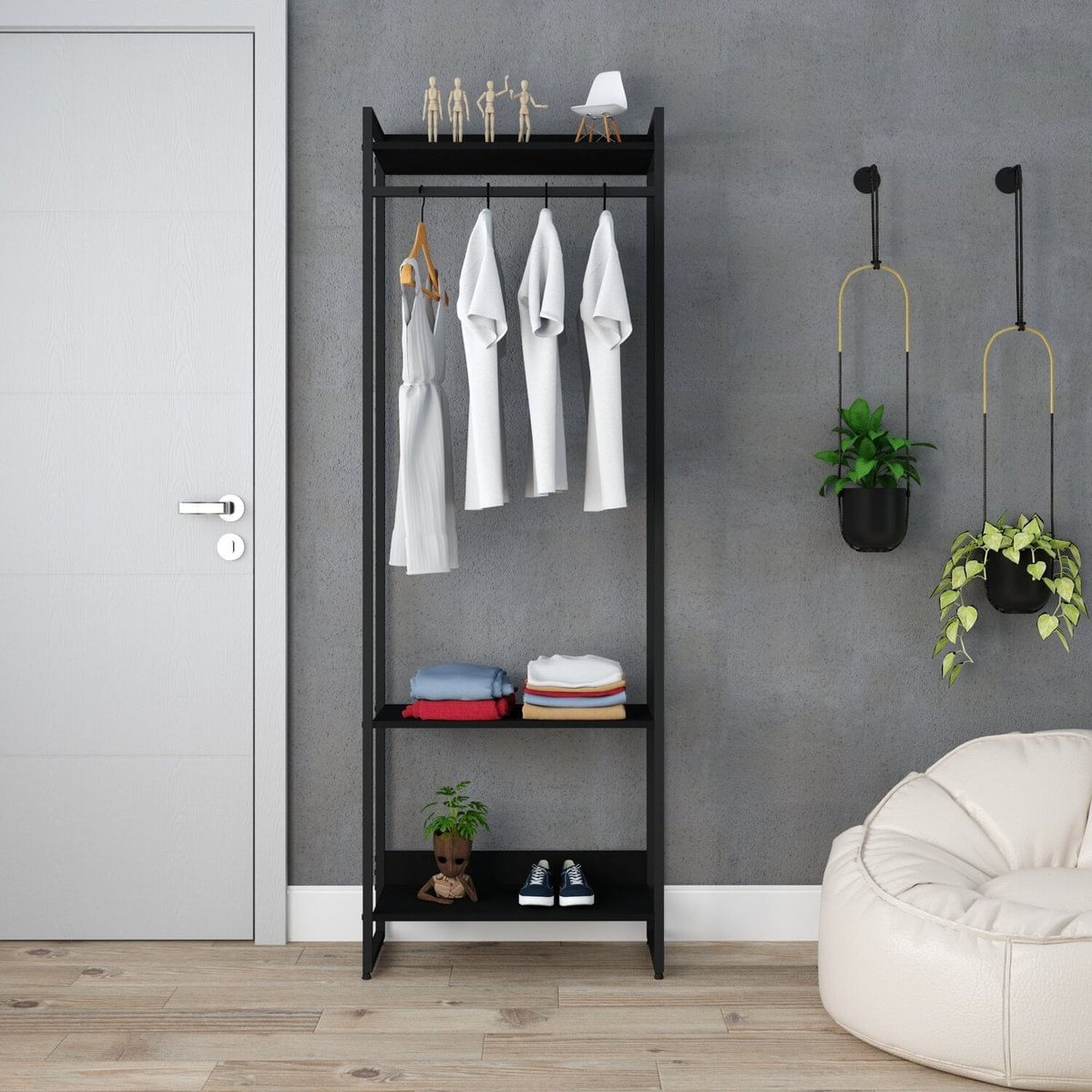 Estante Closet Arara Industrial 3 Prateleiras 187x60cm Dynamica Yescasa Preto Ônix / Preto