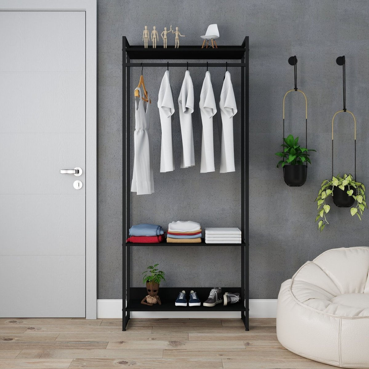 Estante Closet Arara Industrial 3 Prateleiras 187x80cm Dynamica Yescasa Preto Ônix / Preto