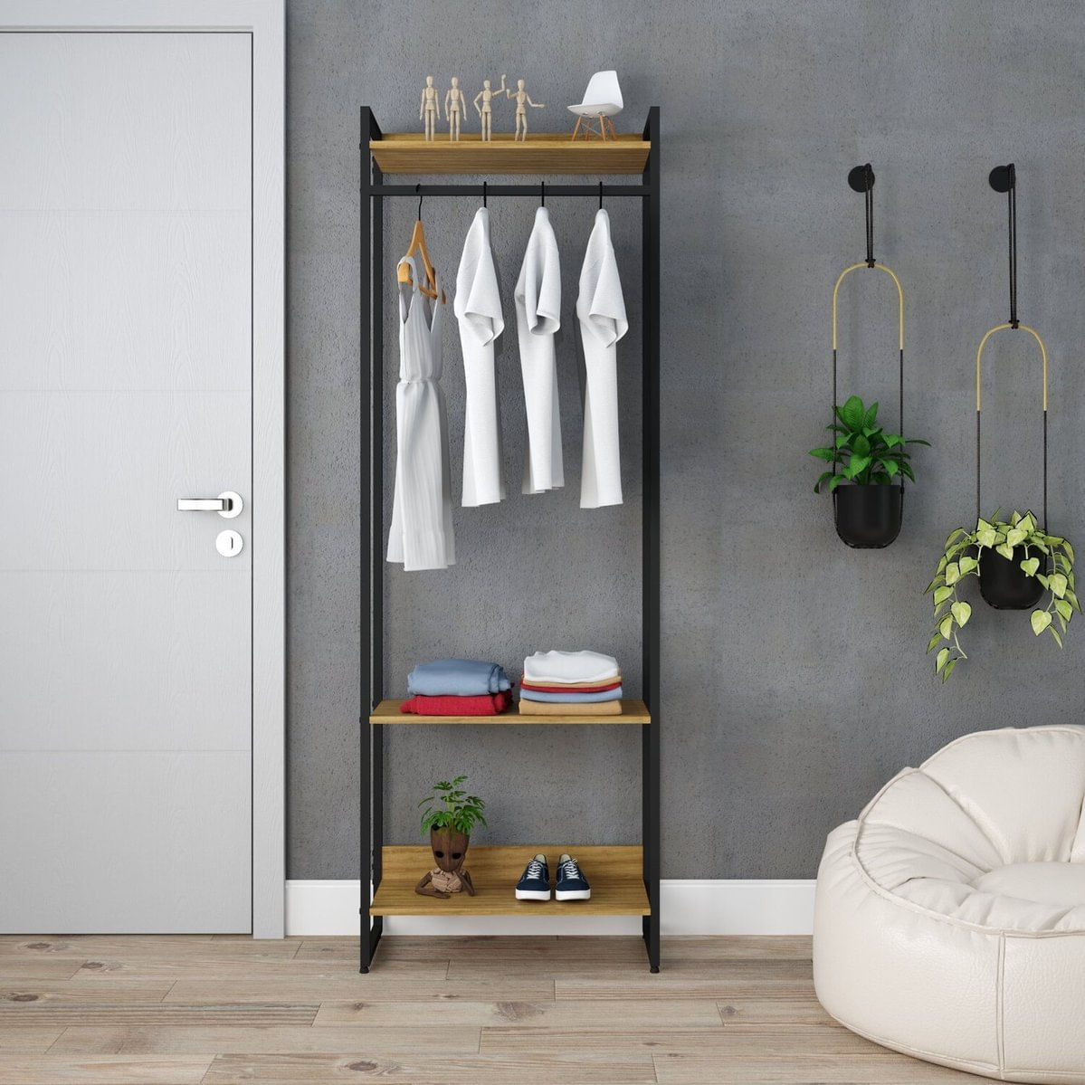 Estante Closet Arara Industrial 3 Prateleiras 187x60cm Dynamica Yescasa Lamina Mel/preto