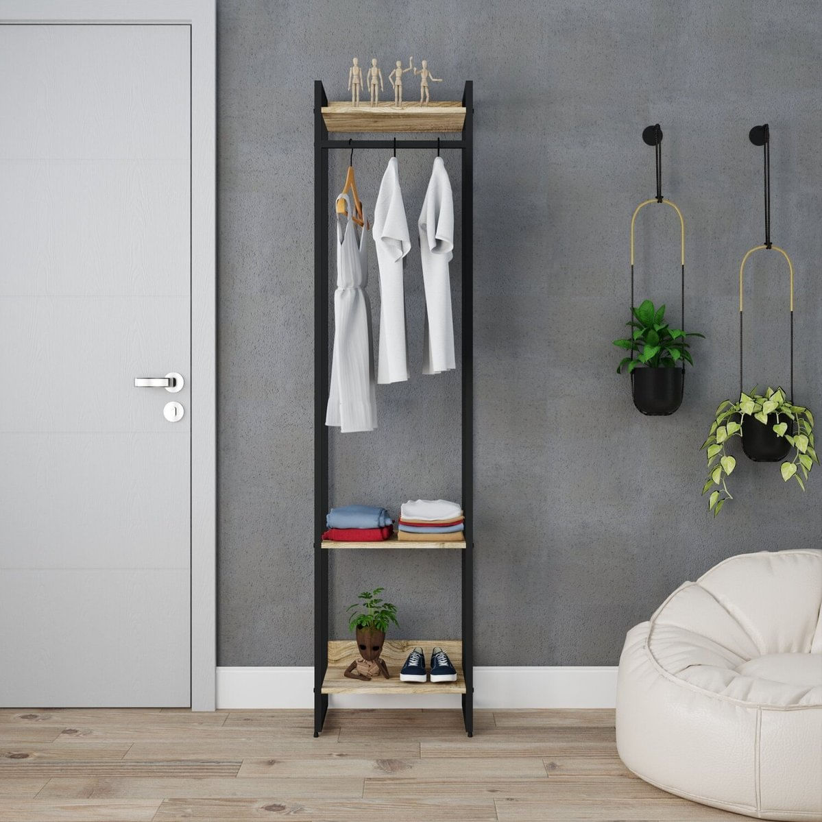 Estante Closet Arara Industrial 3 Prateleiras 187x45cm Dynamica Carvalho / Est.preta