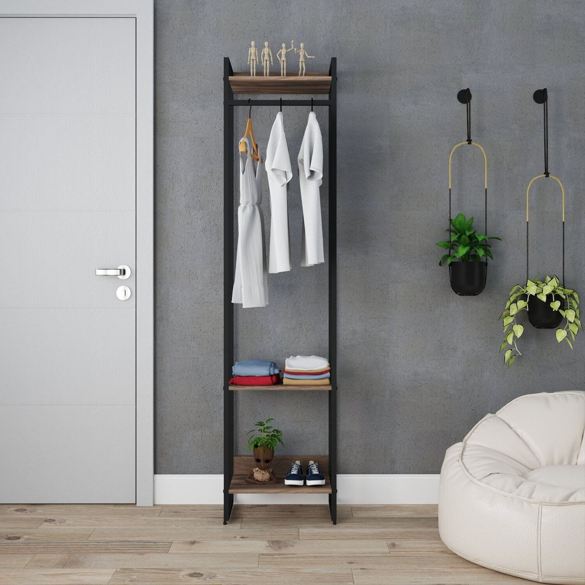 Estante Closet Arara Industrial 3 Prateleiras 187x45cm Dynamica Nogal / Est.preta