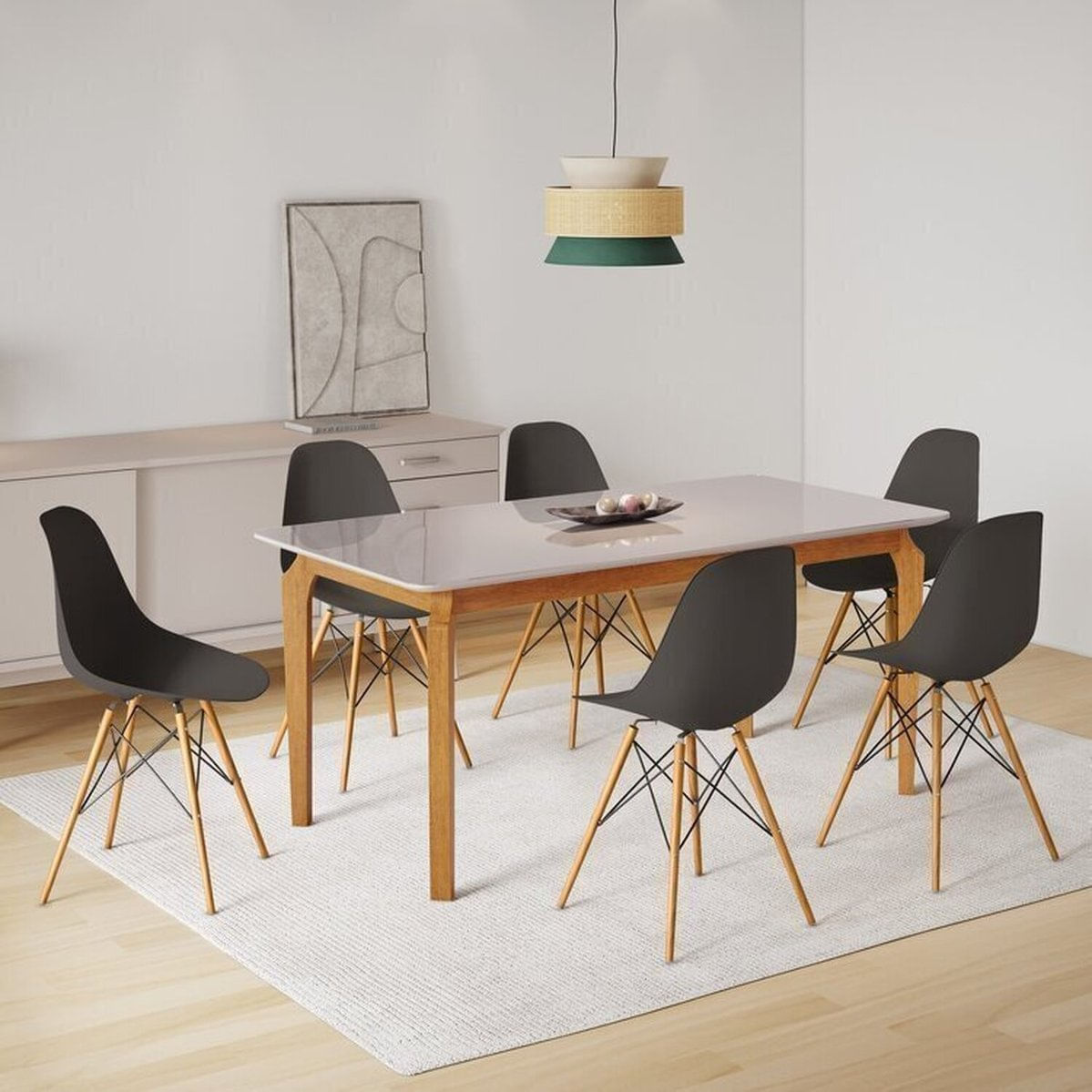 Conjunto Sala De Jantar Mesa Madeira Maciça Tampo Vidro Com 6 Cadeiras Eames Espresso Móveis Cinamomo/off White/preto