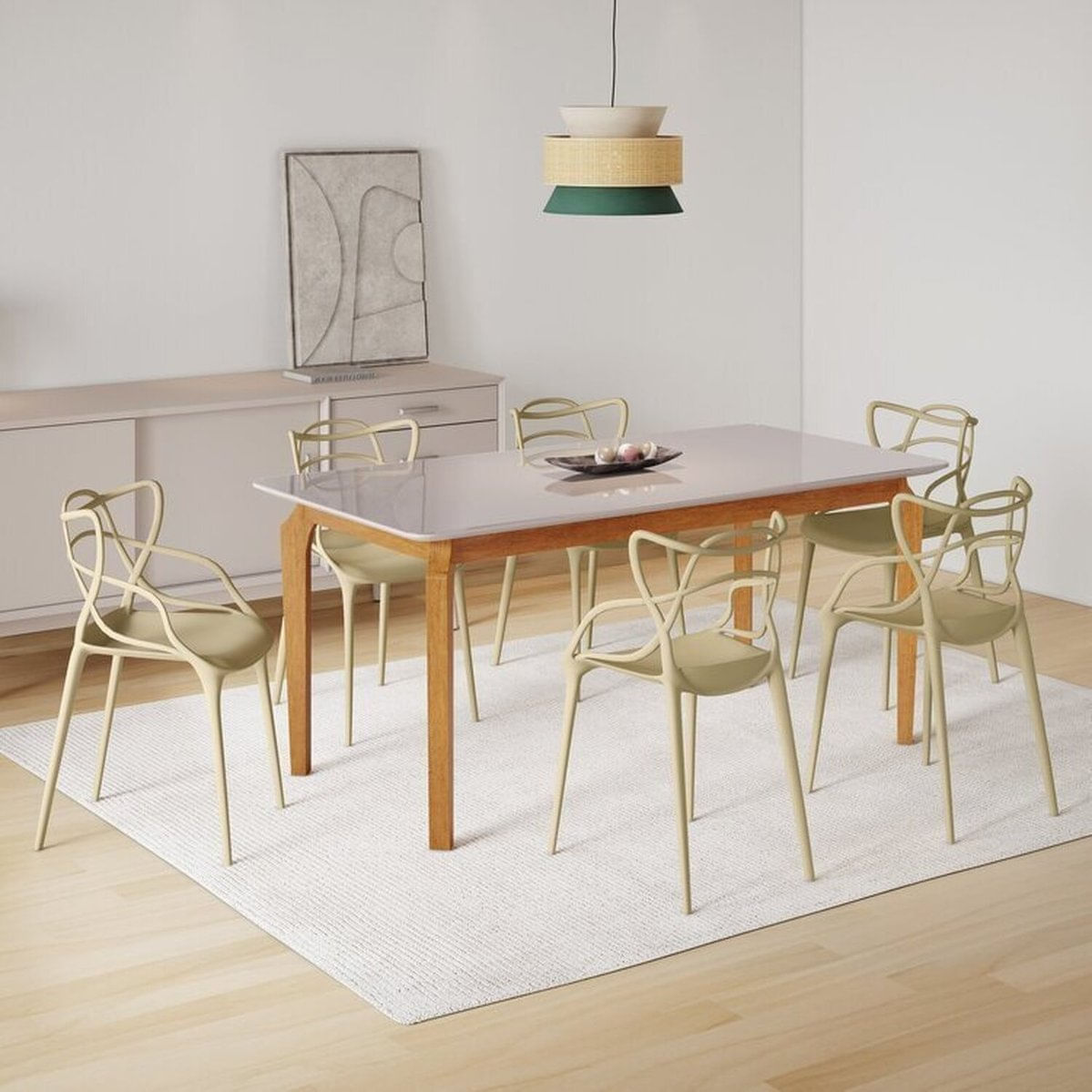 Conjunto Sala De Jantar Mesa Com Vidro Madeira Maciça Com 6 Cadeiras Allegra/berrini Espresso Móveis Cinamomo/off White/fendi