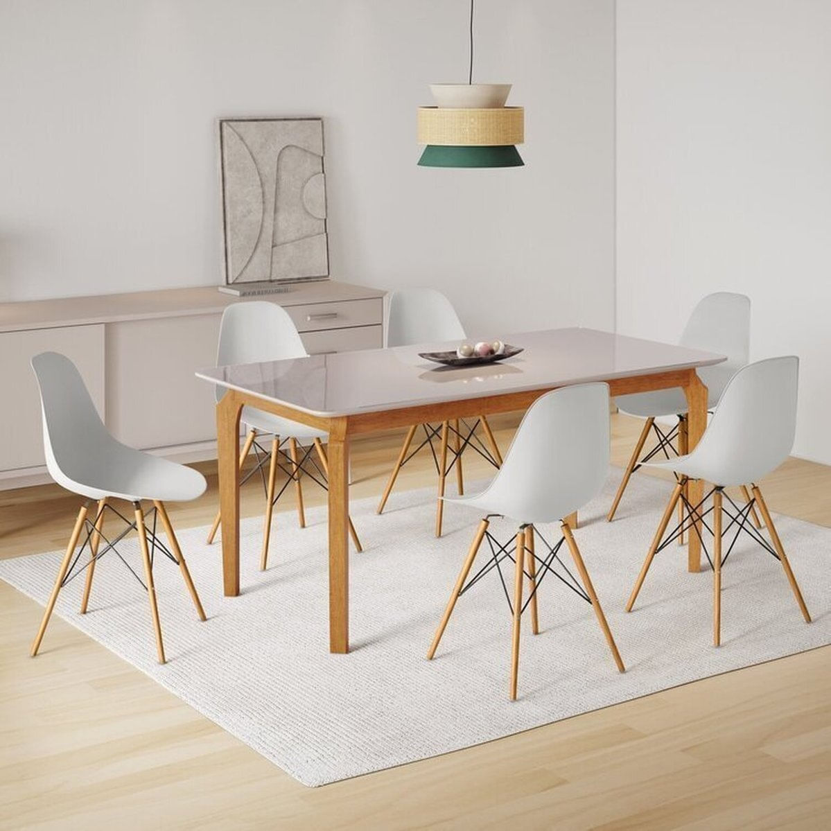 Conjunto Sala De Jantar Mesa Madeira Maciça Tampo Vidro Com 6 Cadeiras Eames Espresso Móveis Branco/marrom