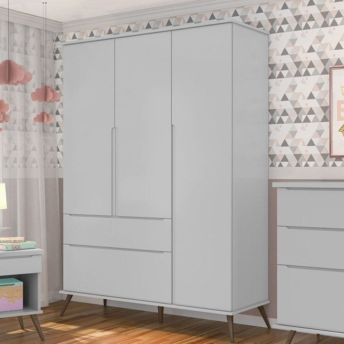 Conjunto Quarto Infantil Com Guarda-roupa 3 Portas E Cômoda Com Sapateira Melinda 100% Mdf Cinza