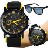 Relógio Aço Silicone Masculino + Óculos Sol Proteção UV