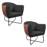 Kit 02 Poltronas Preta Sintético Nozes Linho Cinza Escuro