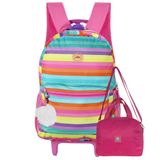 Mochila Colorida Rodinhas Pompom + Lancheira Térmica Escolar