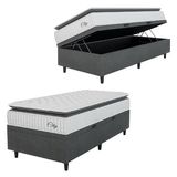 Cama Box Baú Colchão Solteiro Molas Ensacadas City Pillow Top 88x188x64cm Branco / Cinza Hellen - Suporta até 110kg por Pessoa