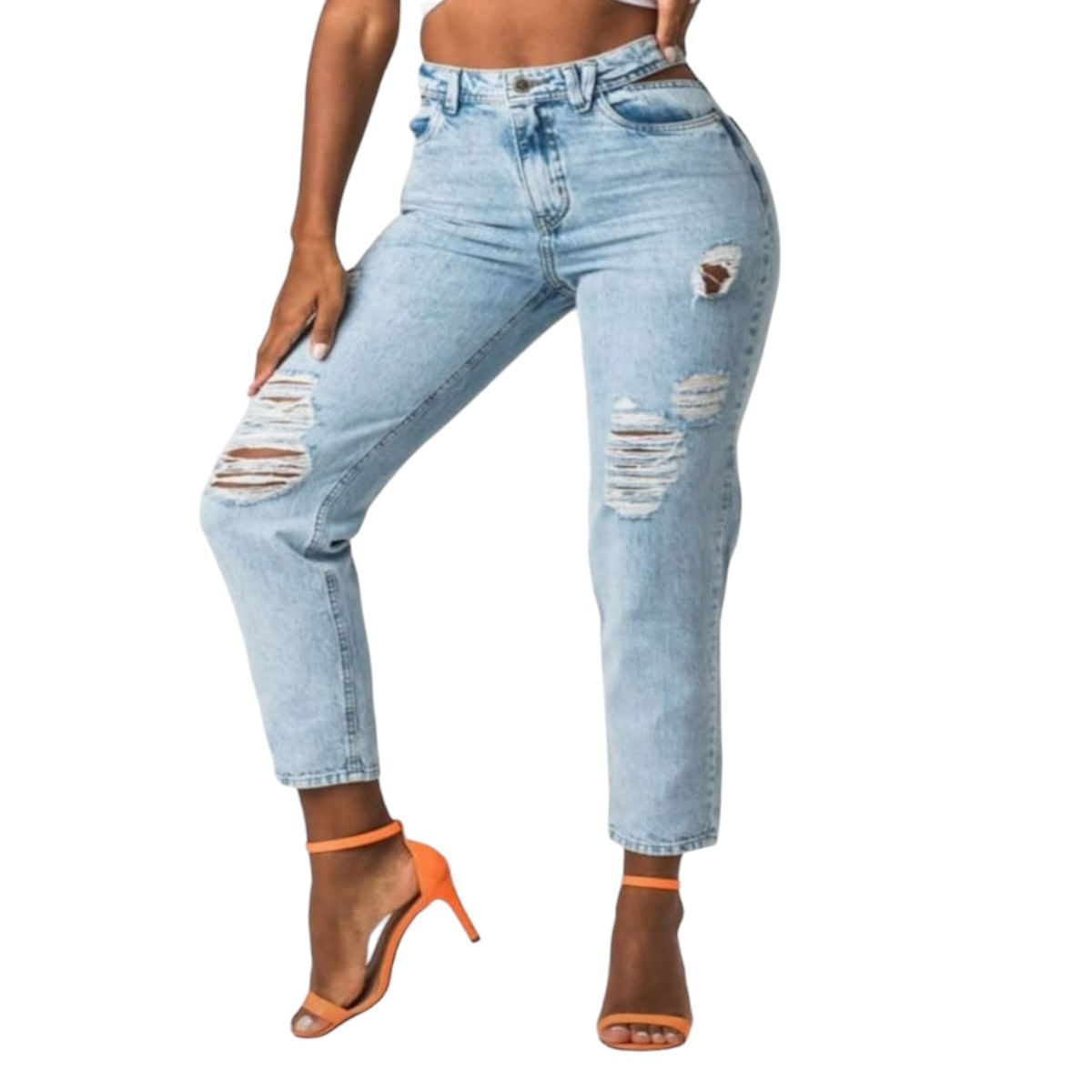 Calça Jeans Feminina Mom Cut Out Destroyed Cintura Alta Zune