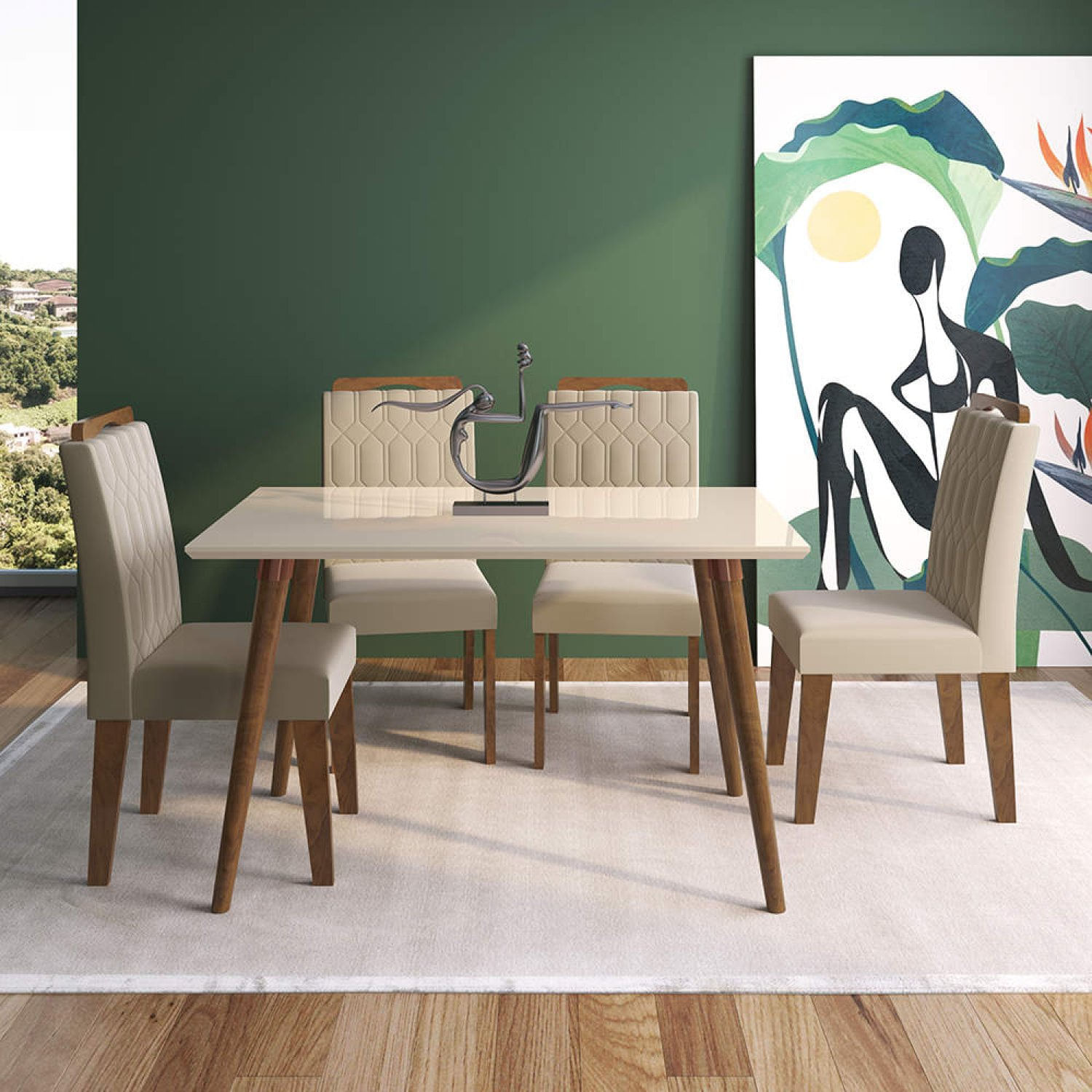 Conjunto Sala de Jantar com Mesa 130cm e 4 Cadeiras Paola Cimol Madeira/Off White/Savana/Nude