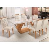 Mesa Alvorada 180 TP MDF Vidro Canto Reto 6 Cadeiras Rufato Veludo Creme/Off White/Imbuia/Serig Off