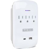 Black + Decker Surge Protector Wall Mount Com 3 Tomadas Aterradas, 2 Portas De Carregamento Usb - Toque Do Adaptador De Energia E Carregador De Pared