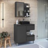 Gabinete De Banheiro 80cm Paula Com Espelheira 01 Porta E Cuba Preta Grafite