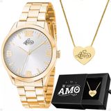 Colar Coração Amor + Relogio Feminino Aço Dourado Inoxidavel Casual Moda Qualidade Premium Original