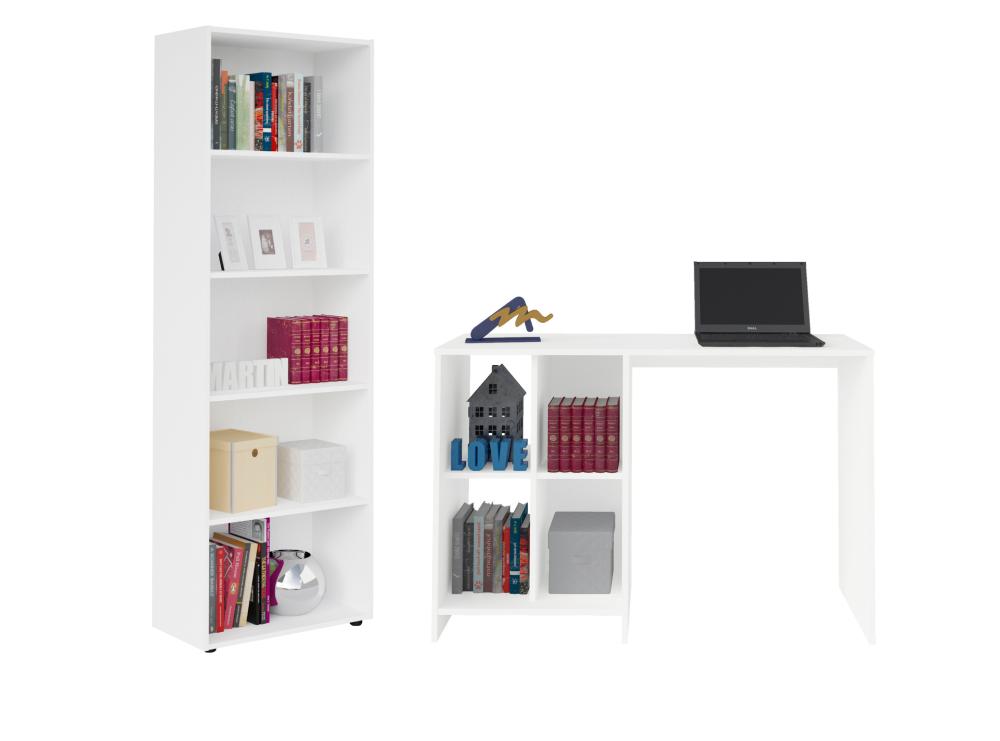 Conjunto Para Escritório Com Mesa 4 Nichos E Estante Branco Artely