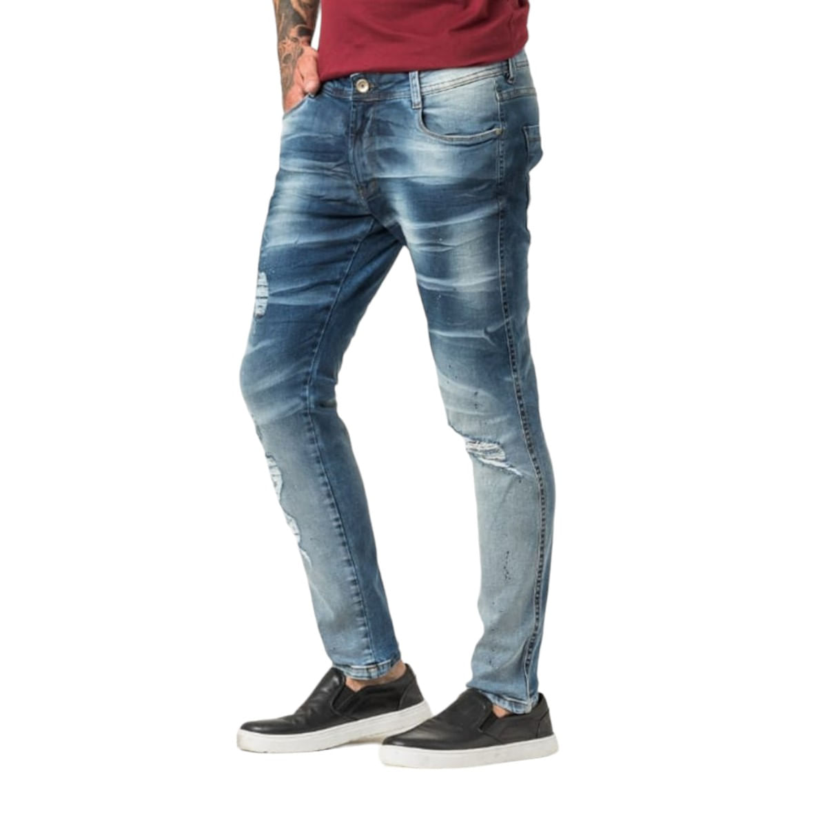 Calça Jeans Masculina Destroyed Estonada Com Respingos Super Skinny Fit Zune