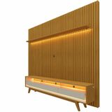 Painel Gelius Nobre Com Ripas Autênticas E Rack Requinte Com Led Largura 230 Cm Para Tv De 85 Polegadas Naturale/off White