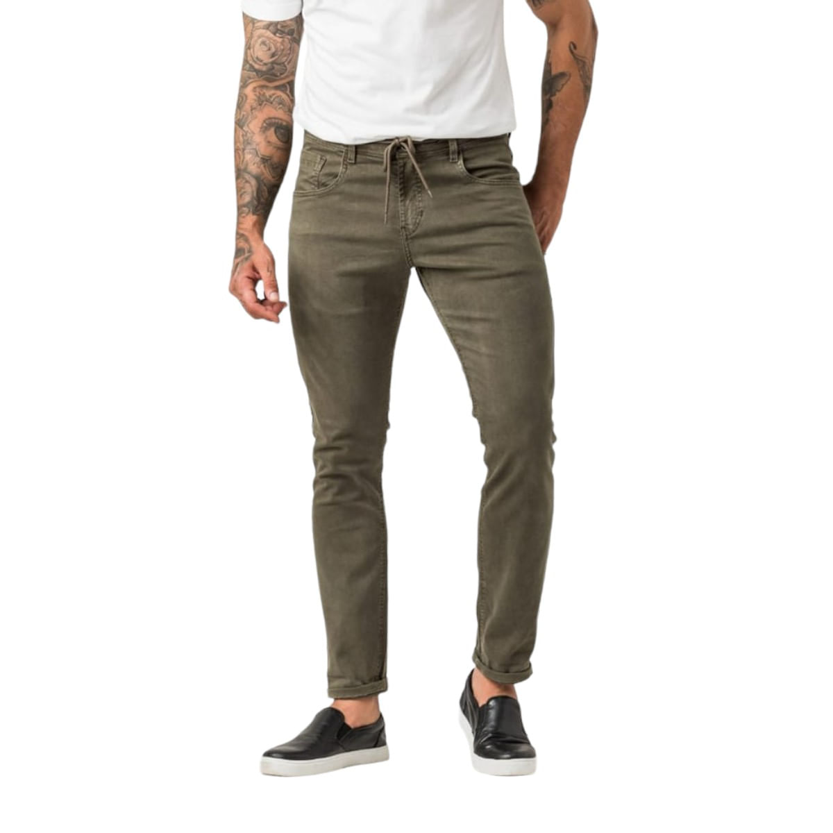 Calça Jeans Masculina Skinny Color Verde Militar Cós Com Cordão Zune