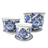 Vaso Azul E Branco 19/14/10cm Floral Cachepot Com Prato 3pc