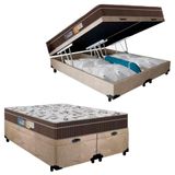 Cama Box Baú Queen Suede Bipartido + Colchão Espuma Orthoface Polar Bege 158cm - Suporta Até 120kg Por Pessoa