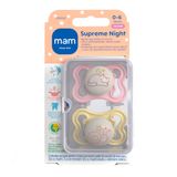 Chupeta Mam Supreme Night Silicone De 0 A 6 Meses Rosa Brilha No Escuro Desenho Sortido 2 Unidades