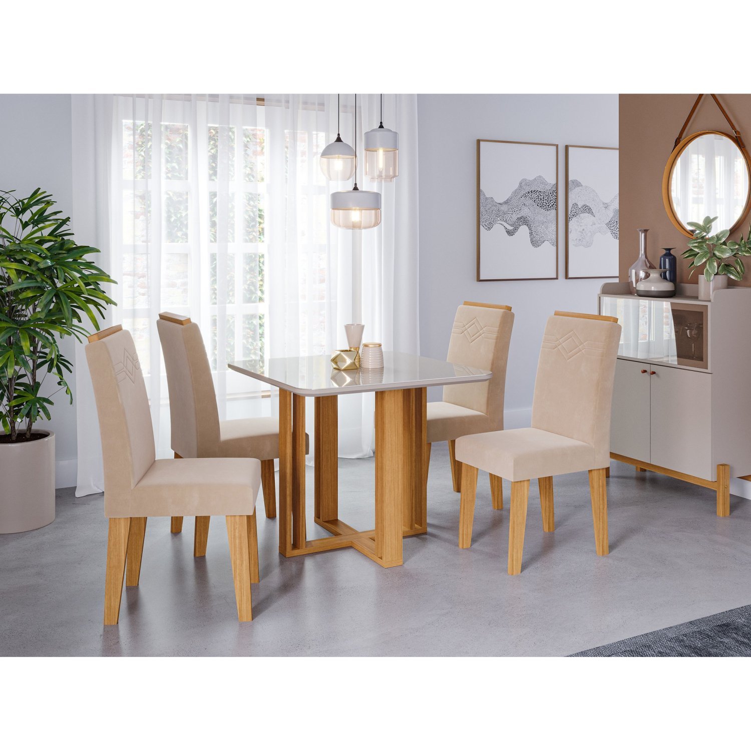 Sala De Jantar Flora Quadrada Tampo Com Vidro Com 4 Cadeiras Tais Nature/off White/nude