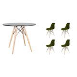 Conjunto Mesa Redonda 90cm Tampo Em Mdf 4 Cadeiras Pp Base Madeira Eames Dsw-m Preto/verde Militar