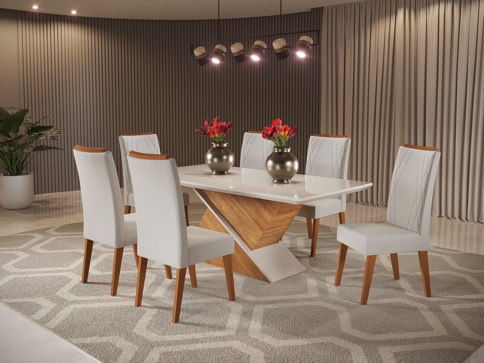 Mesa De Jantar Retangular Encantare Com 6 Cadeiras Vegas Mel/marfim/off White