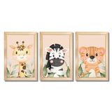 Kit Quadros Infantil Safari Aquarela 20x30 3 Peças Titulos Moldura Azul