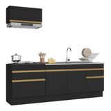 Armário De Cozinha Compacta 220cm Com Rodapé Veneza Multimóveis V2109 Preto/dourado Preto/dourado