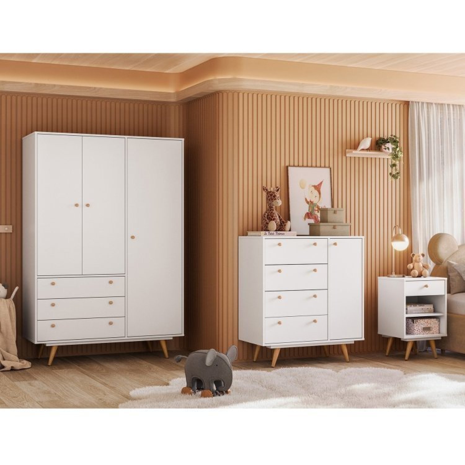 Quarto Infantil Com Cômoda, Guarda Roupa E Mesa De Cabeceira Retrô Luna Branco