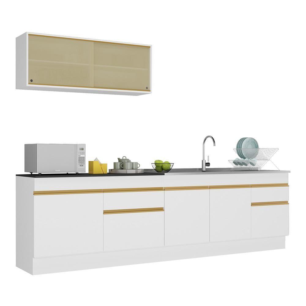 Armário De Cozinha Compacta 270cm Com Rodapé Veneza Multimóveis V2112 Branco/dourado Branco/dourado